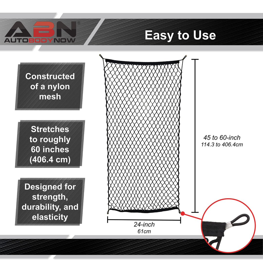 Cargo Net with Fasteners and Hardware, 24 x 45in (Stretches to 60in Long) – Trailer, SUV, Motorcycle, ATV, Roof