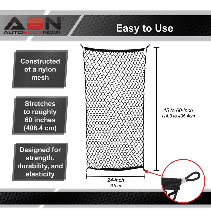 Cargo Net with Fasteners and Hardware, 24 x 45in (Stretches to 60in Long) – Trailer, SUV, Motorcycle, ATV, Roof