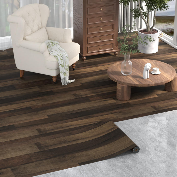 Peel and Stick Vinyl Flooring Roll 24x 196 inch Self Adhesive Vinyl Floor Tiles Wood Plank Look Flooring, Waterproof Wear-Resistant for Living Room Bedroom Kitchen RV, Brown Wood, 32.3 Sq.Ft