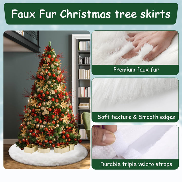 AOGU 48 Inch Faux Fur Christmas Tree Skirt White Plush 