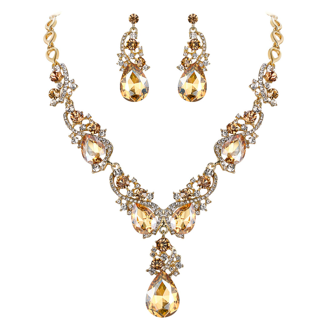 Wedding Bridal Necklace Earrings Jewelry Set for Women Multi Teardrop Cluster Crystal Statement Necklace Dangle Earrings Set Champagne Gold-Toned