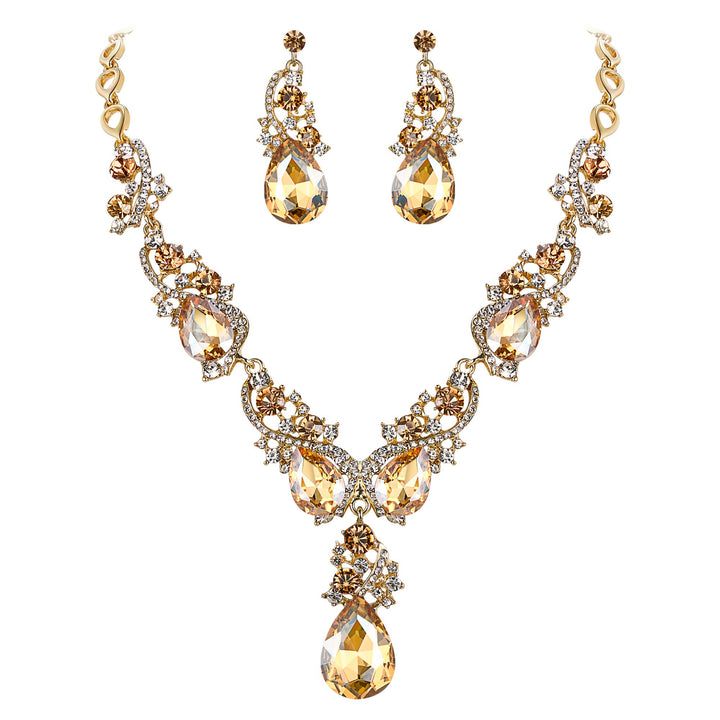 Wedding Bridal Necklace Earrings Jewelry Set for Women Multi Teardrop Cluster Crystal Statement Necklace Dangle Earrings Set Champagne Gold-Toned