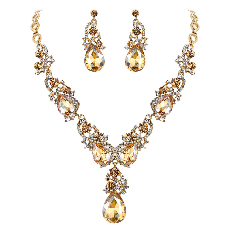 Wedding Bridal Necklace Earrings Jewelry Set for Women Multi Teardrop Cluster Crystal Statement Necklace Dangle Earrings Set Champagne Gold-Toned