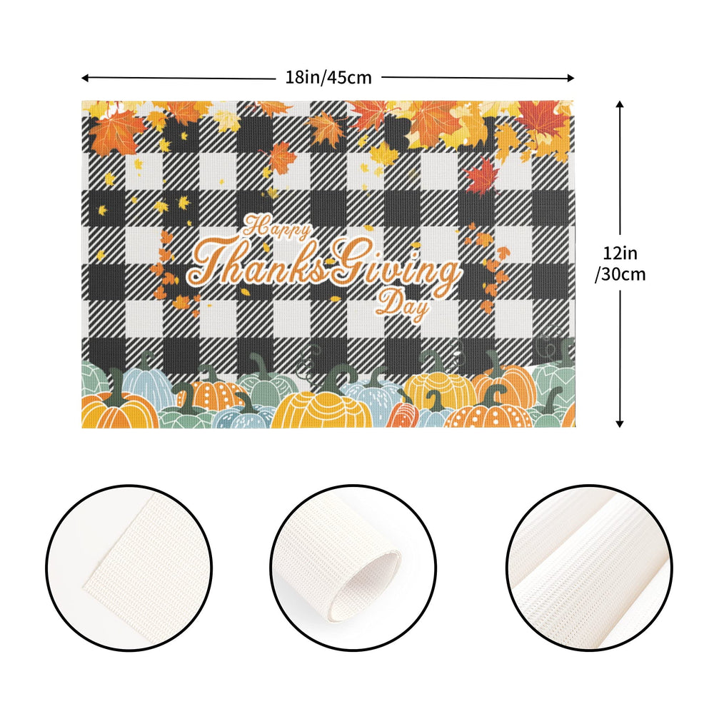 Thanksgiving Placemats Set of 4 Fall Pumpkin Maple Leaves Buffalo Plaid PVC Placemats for Dining Table Waterproof Table Mats Holiday Table Decorations 12 × 18 inch