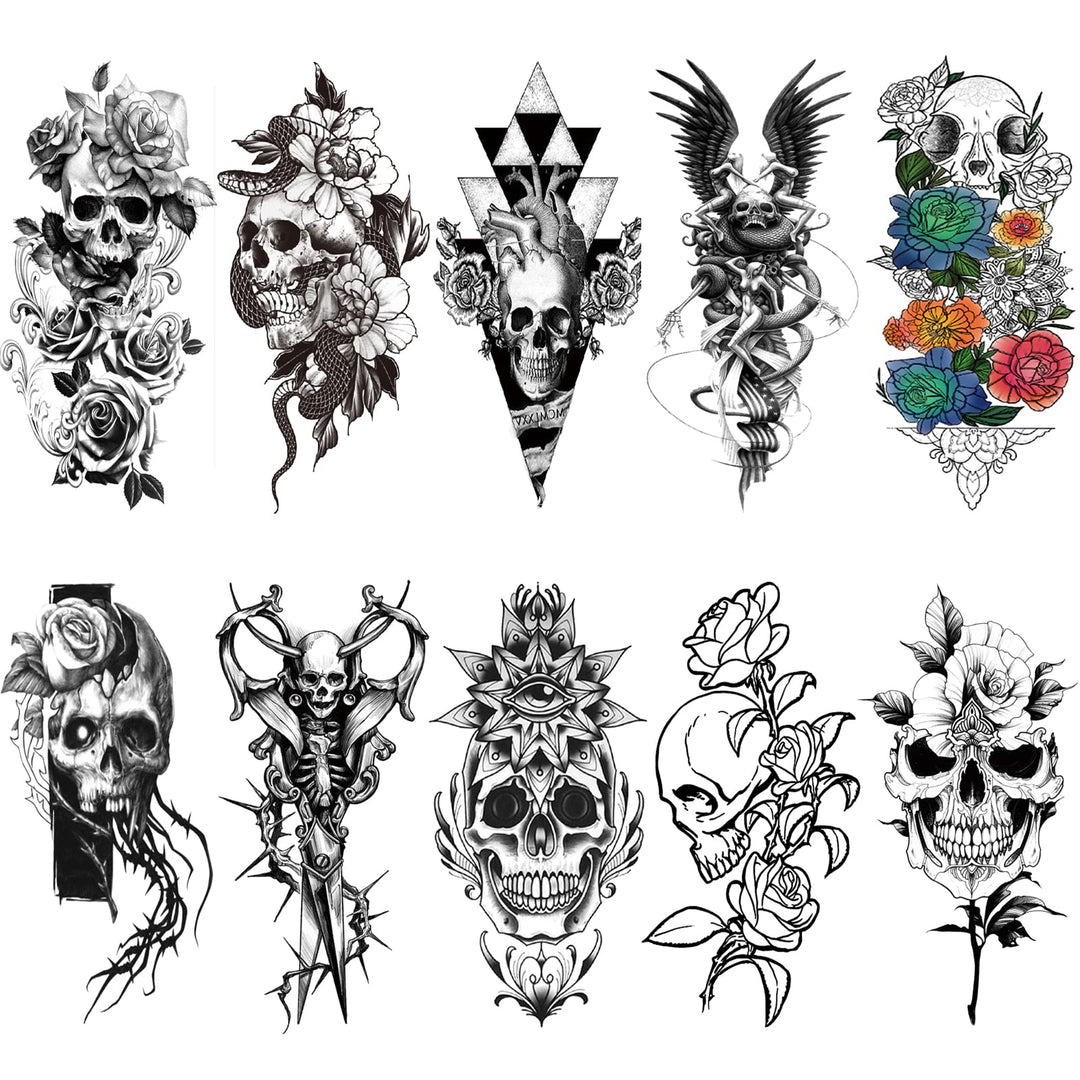 Briyhose 10 Sheets Skull Flower Temporary Tattoos For Women Adult Girl, Large Realistic Skeleton Floral Snake Rose Fake Tattoo Stickers Half Sleeve Arm, Long Lasting Sexy Temp Tatoos Leg Thigh Body