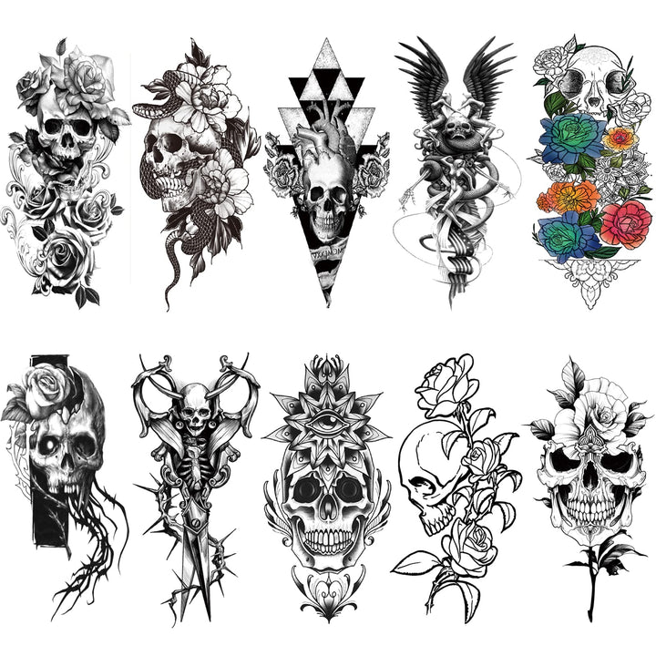 Briyhose 10 Sheets Skull Flower Temporary Tattoos For Women Adult Girl, Large Realistic Skeleton Floral Snake Rose Fake Tattoo Stickers Half Sleeve Arm, Long Lasting Sexy Temp Tatoos Leg Thigh Body