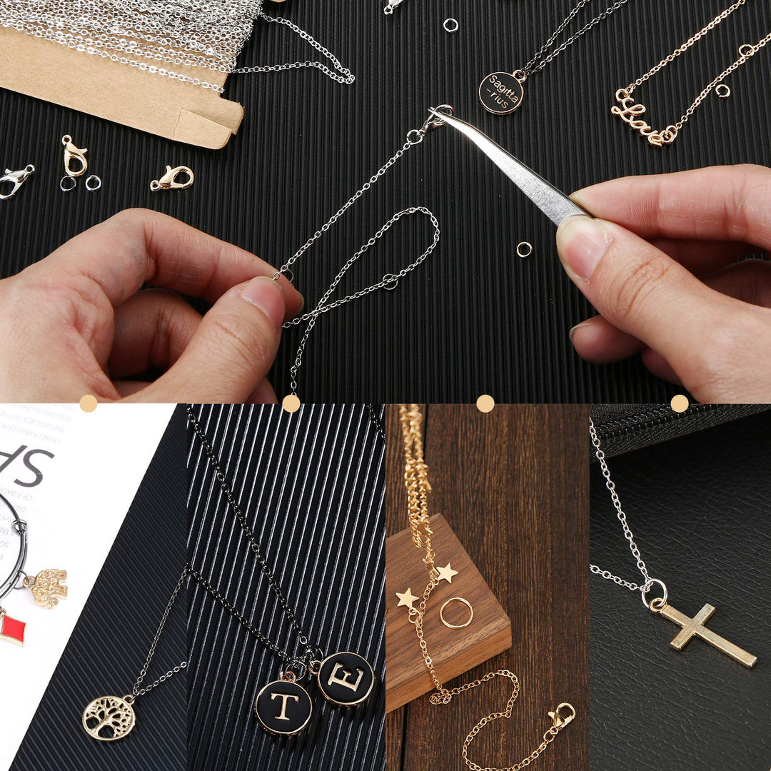 365 Pieces Jewelry Making Chains Set, 50 Feet Stainless Steel Link Chains, 300 Jump Rings 60 Lobster Clasps with Curved Tweezers and Brass Jump Ring Opener for DIY Jewelry Necklace Bracelet Crafts