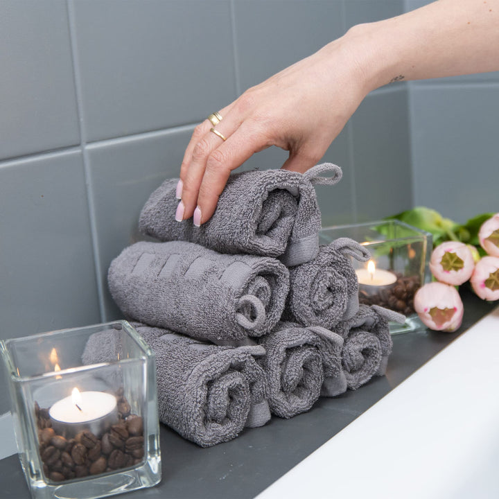 Bath Mitts - Pack of 6 - (6 x 9) European Style Washcloth with Loop (Charcoal, 6 x 9 inches)