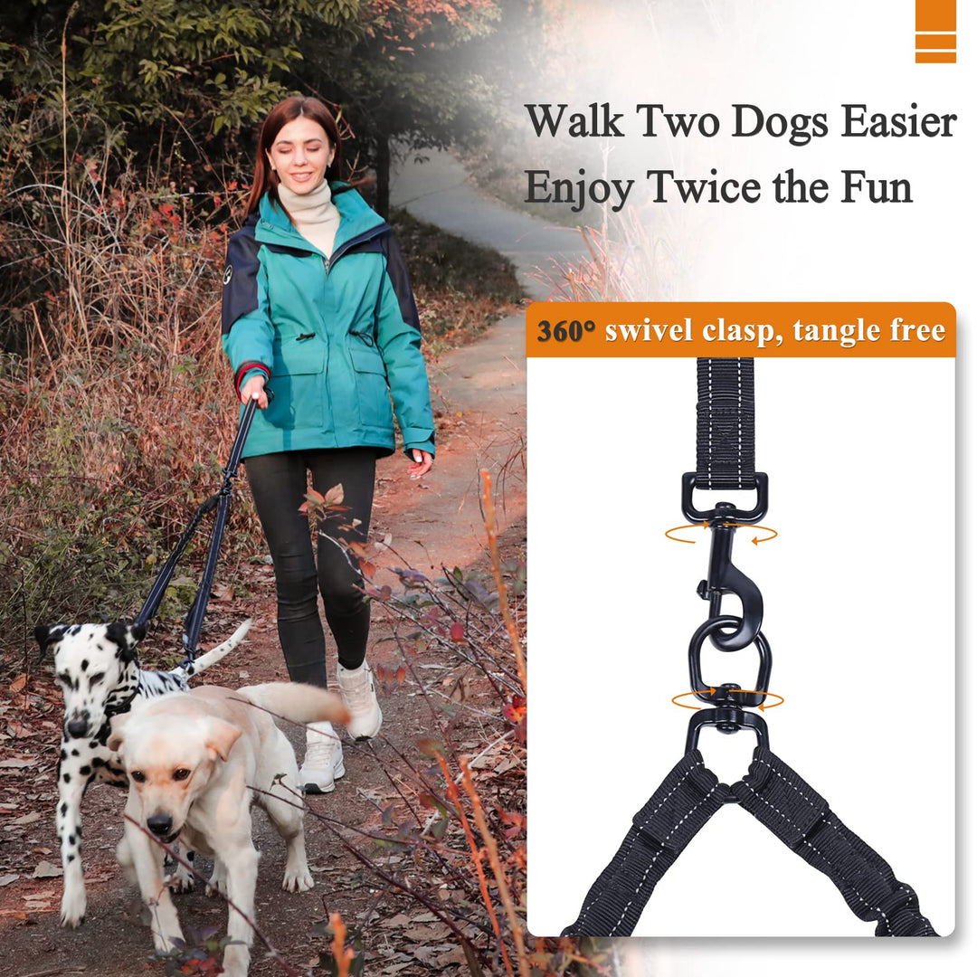 Double Dog Leash, Two Dog Leash No Pull &amp; Tangle Free Bungee Dog Leash, Dual Dog Leash with Traffic Handles Reflective for Medium to Large Dogs for Daily Walking &amp; Training