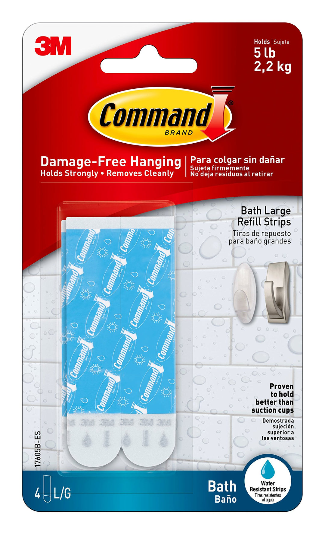 Bath Large Water-Resistant Adhesive Refill Strips, 4-Large Strips, Re-Hang Large Bath Hooks or Caddies