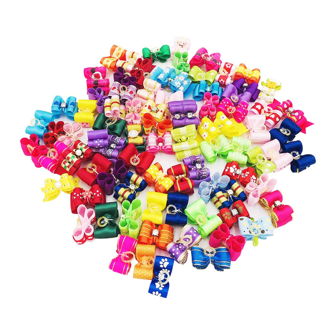 50pcs /25Pair Small Dog Hair Bows with Rubber Bands and Rhinestones Puppy Grooming Bows Doggies Cat Topknot Bowknot Pet Hair Accessories Color Random