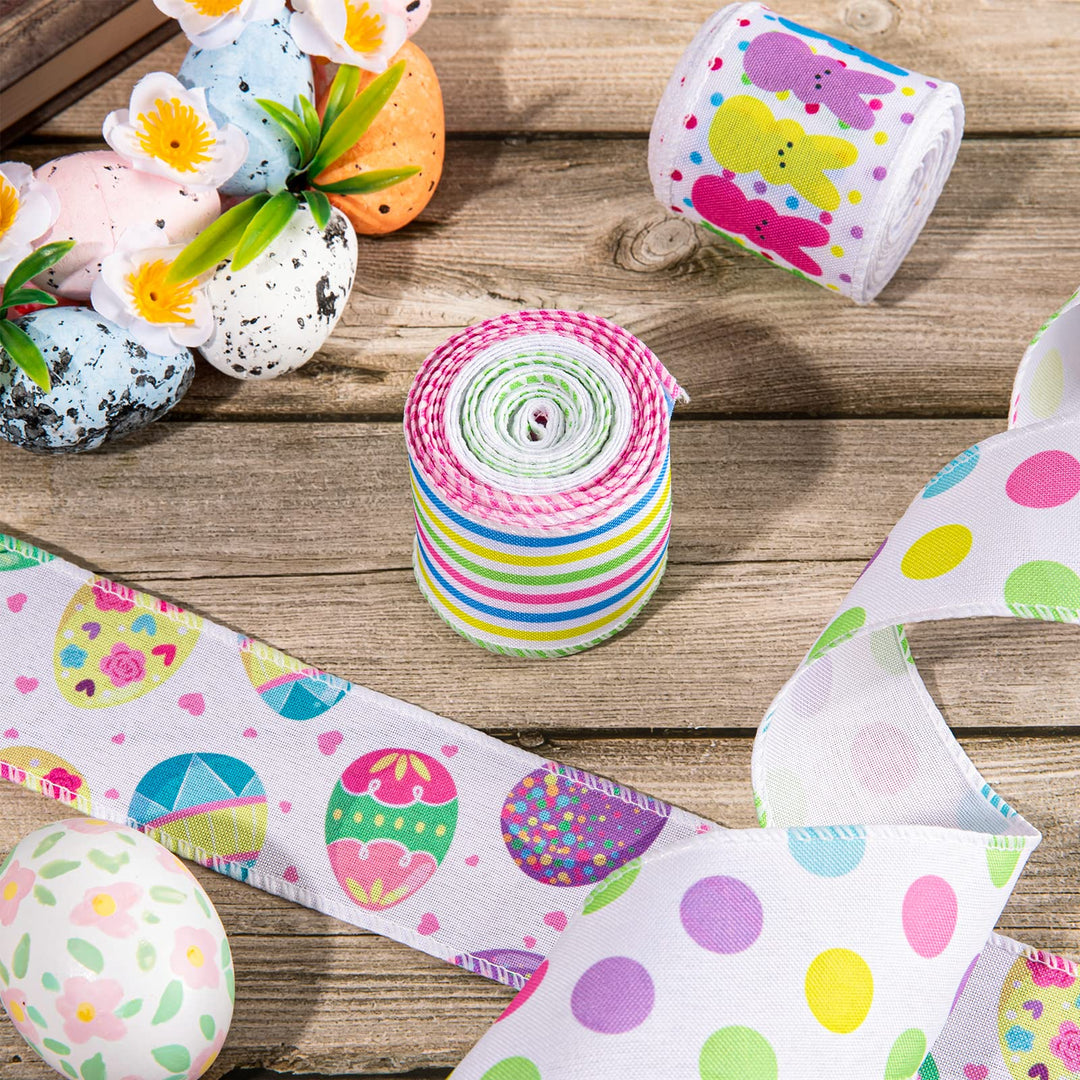 Easter Wired Edge Ribbon 4 Roll 24 Yards Easter Egg Bunny Rabbit Colorful Dot Line Spring Craft Ribbon for Crafts Bow Wreaths Gift Wrapping Party Holiday DIY Decor Supplies