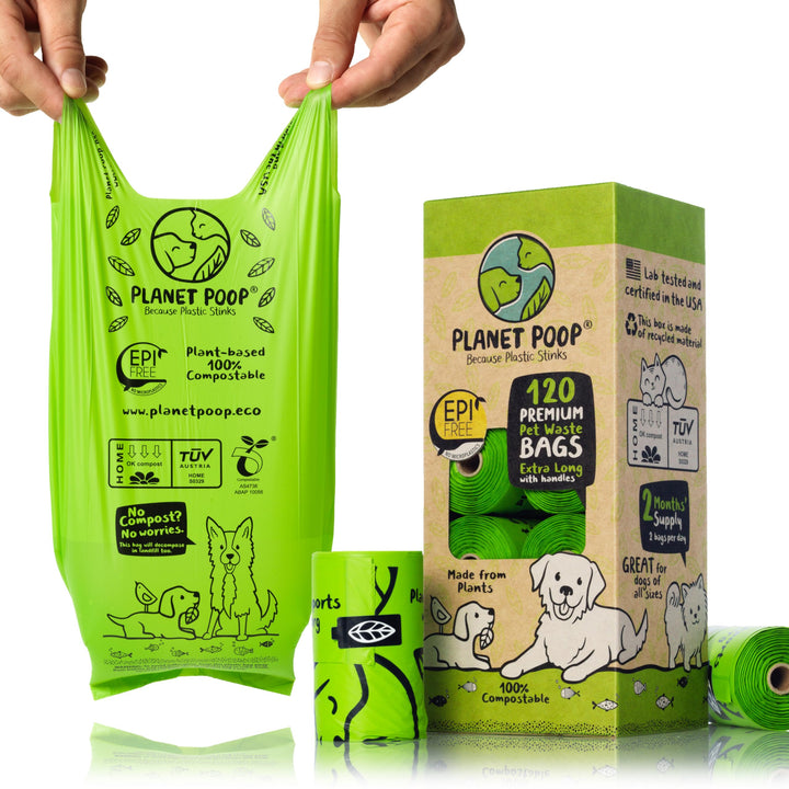 Home Compostable Dog Poop Bags Extra-long with Handles 120 Un-Scented Pet Waste Bags Plastic Free, Thick Leakproof Plant-Based Doggy Bag, Cats &amp; Dogs Pet Supplies