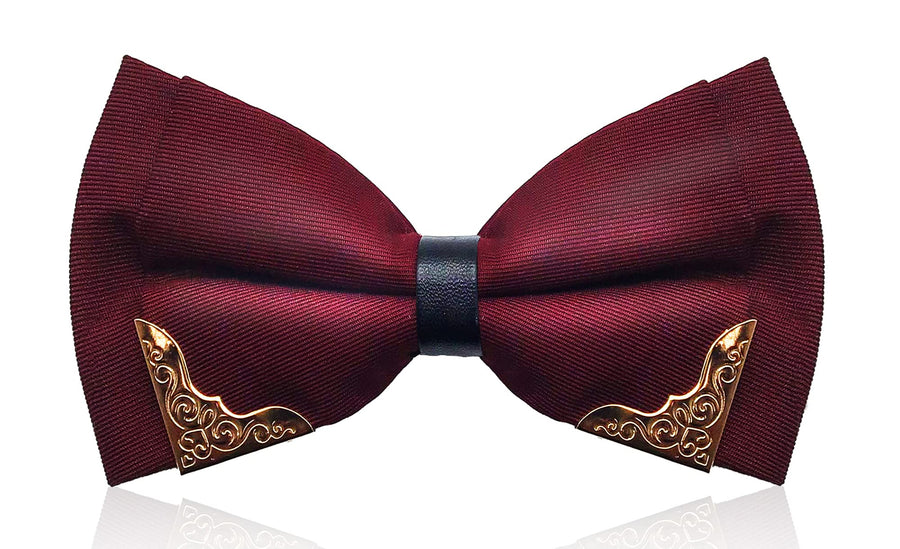Men's Metal Pu Leather Satin Bow Ties Mal Bowtie One Size Burgundy