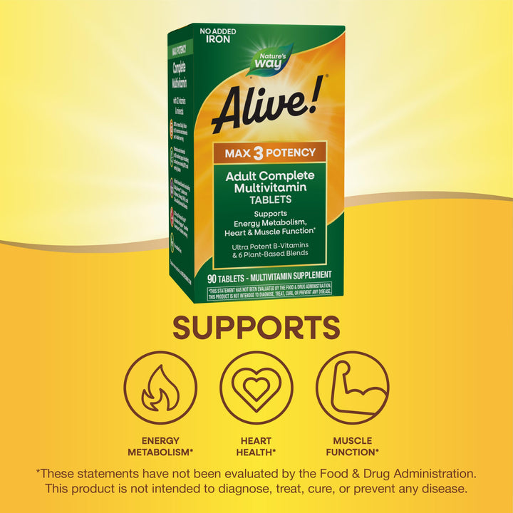 Nature&#39;s Way Alive! Max3 Potency Adult Complete Multivitamin, High Potency B-Vitamins to Support Energy Metabolism*, with Methylated B12 and Folate, No Added Iron, 90 Tablets (Packaging May Vary)
