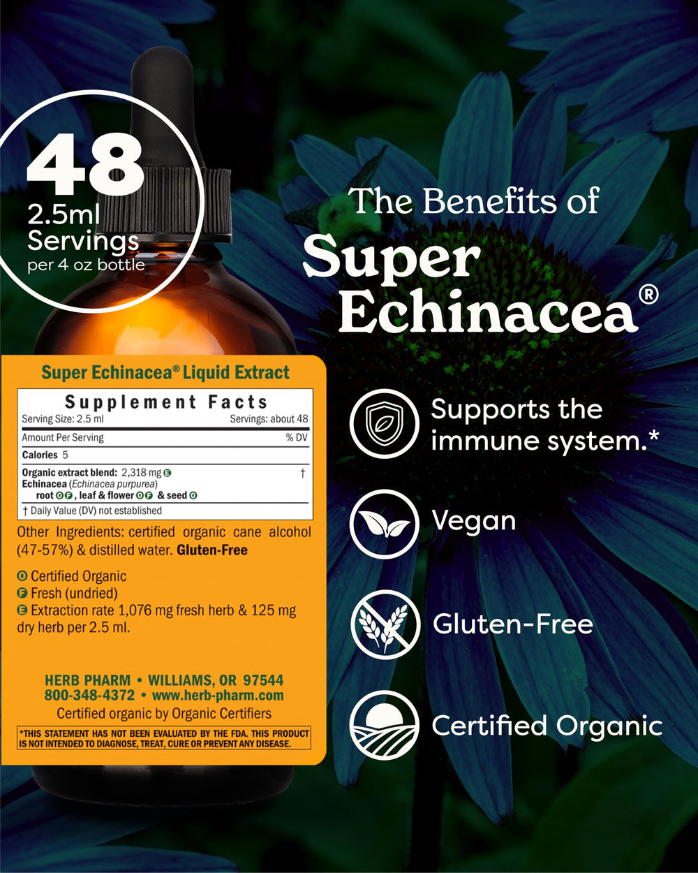 Certified Organic Super Echinacea Liquid Extract for Active Immune System Support - 4 Oz