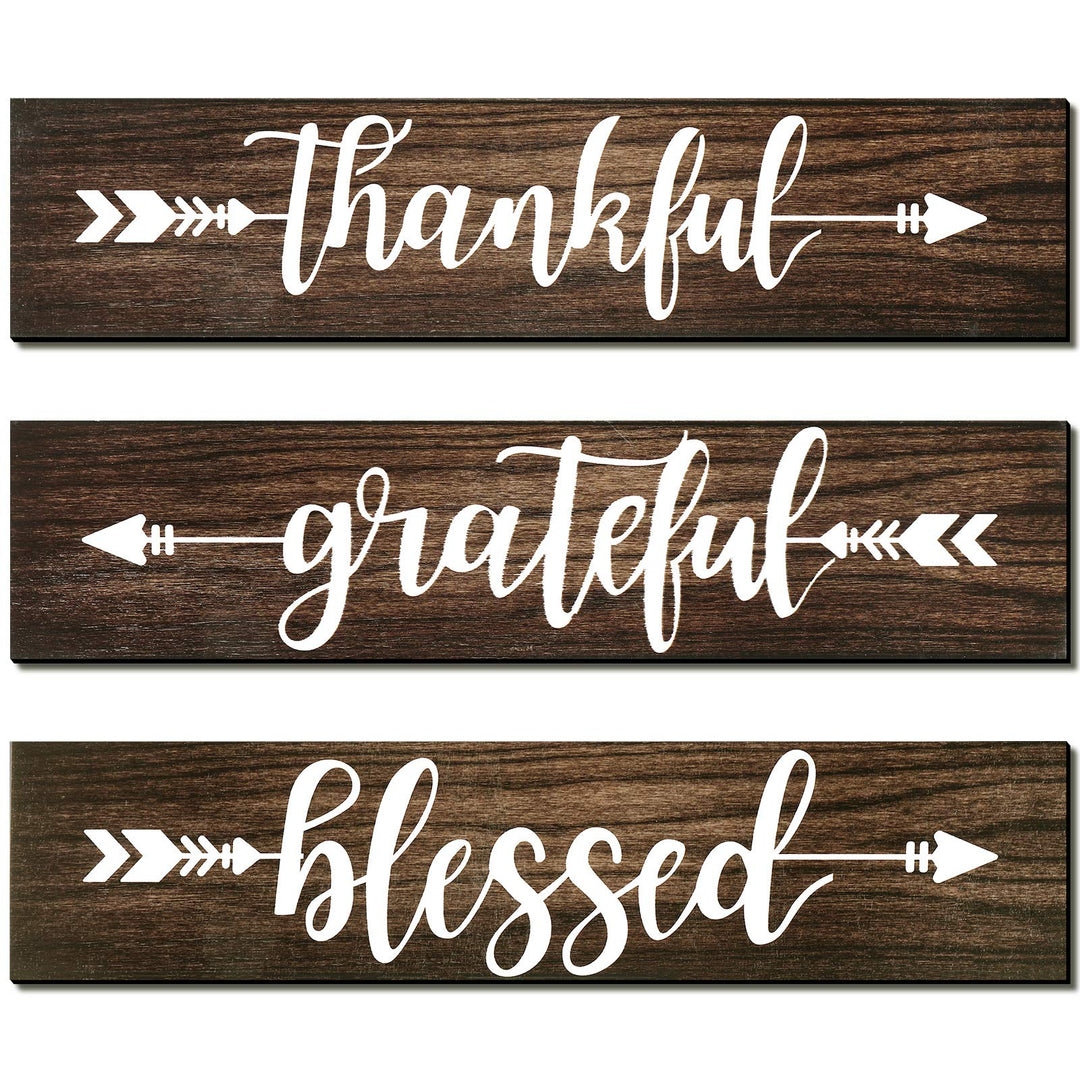 3 Pieces Thankful Grateful Blessed Wall Decor Thankful Wooden Signs Rustic Hanging Arrow Wall Signs Wall Art Decor for Farmhouse Outdoor Living Room Bedroom Kitchen Decorations (Brown)