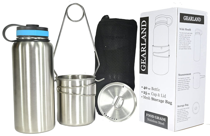 Canteen Stainless Steel Water Bottle with Nested Camping Cup and Lid for Bug Out Bag, Bushcraft Gear, Metal Canteen with a Wide Mouth Water Bottle and Mess Kit