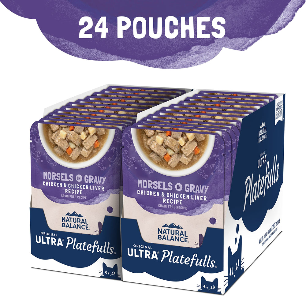 Original Ultra Platefulls Indoor Adult Grain Free Wet Cat Food, Chicken & Chicken Liver Recipe, 3 Ounce Pouch (Pack of 24), Packaging May Vary