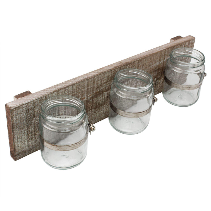 Rustic Industrial White Wash Wood Hanging Wall Decor with 3 Glass Jar Containers, Clear