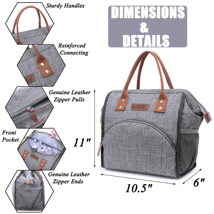 Lunch Bag Women Insulated Lunch Box Wide-Open Lunch Tote Bag Large Drinks Holder Durable Nylon Thermal Snacks Organizer for Men Adults Work Picnic Hiking Beach Fishing,Grey
