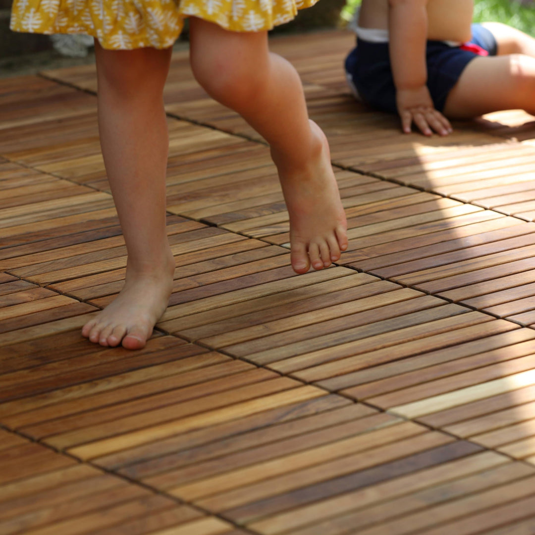 EZ-Floor Interlocking Flooring Tiles in Solid Teak Wood Oiled Finish (Set of 10), Long 9 Slat