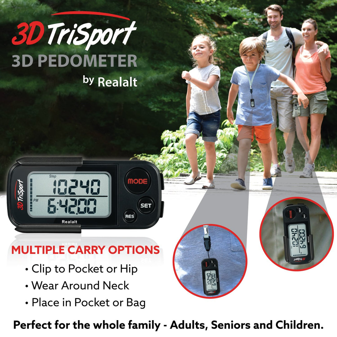 3DTriSport Walking 3D Pedometer with Clip and Strap, Free eBook | 30 Days Memory, Accurate Step Counter, Walking Distance Miles/Km, Calorie Counter (Stealth Black, 3 L x 1.3 W x 0.4 H)