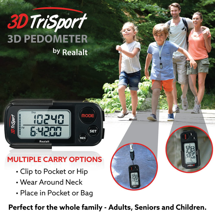 3DTriSport Walking 3D Pedometer with Clip and Strap, Free eBook | 30 Days Memory, Accurate Step Counter, Walking Distance Miles/Km, Calorie Counter (Stealth Black, 3 L x 1.3 W x 0.4 H)
