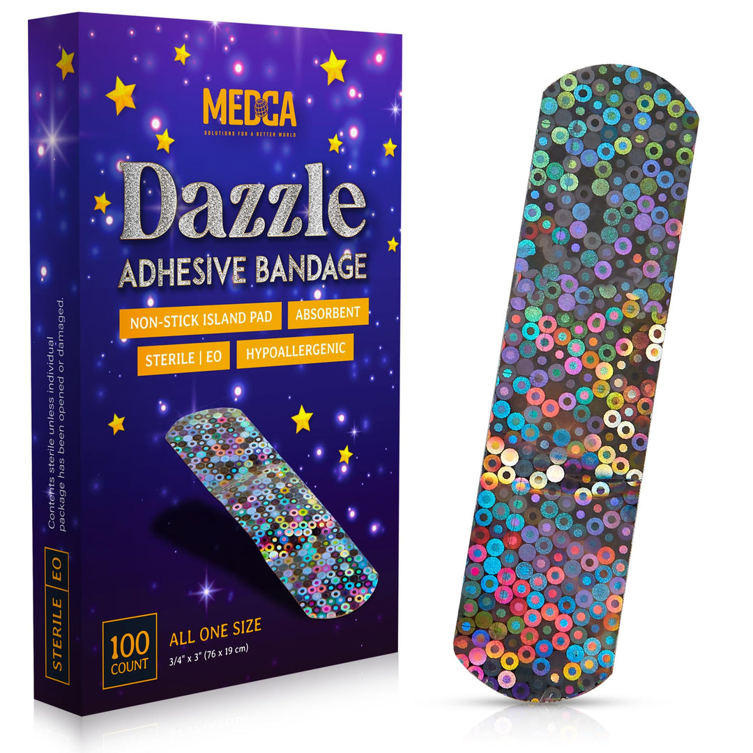 Glitter Bandages for Kids -(100 Count Box) Adhesive Bandage Strips w/Colorful Glitter Design &amp; Latex-Free Individually Wrapped Strips for First Aid, Wound Care, Minor Cuts, Scrapes