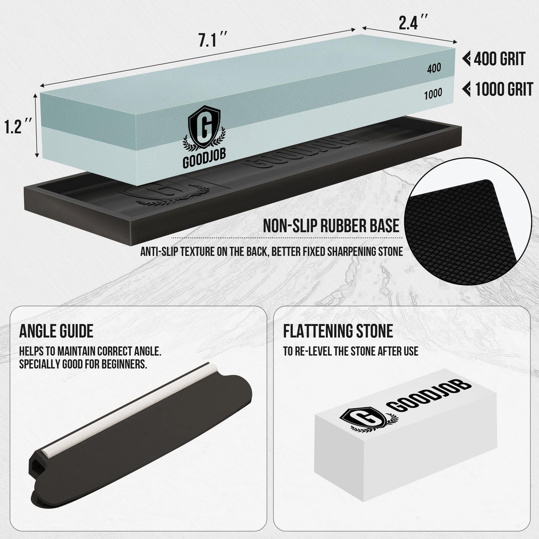 Knife Sharpening Stone Kit - Goodjob Premium Japanese Whetstone Knife Sharpener Stone Set - Dual Grit 400/1000 Water Stone with Non-Slip Silicone Base, Angle Guide, Flattening Stone