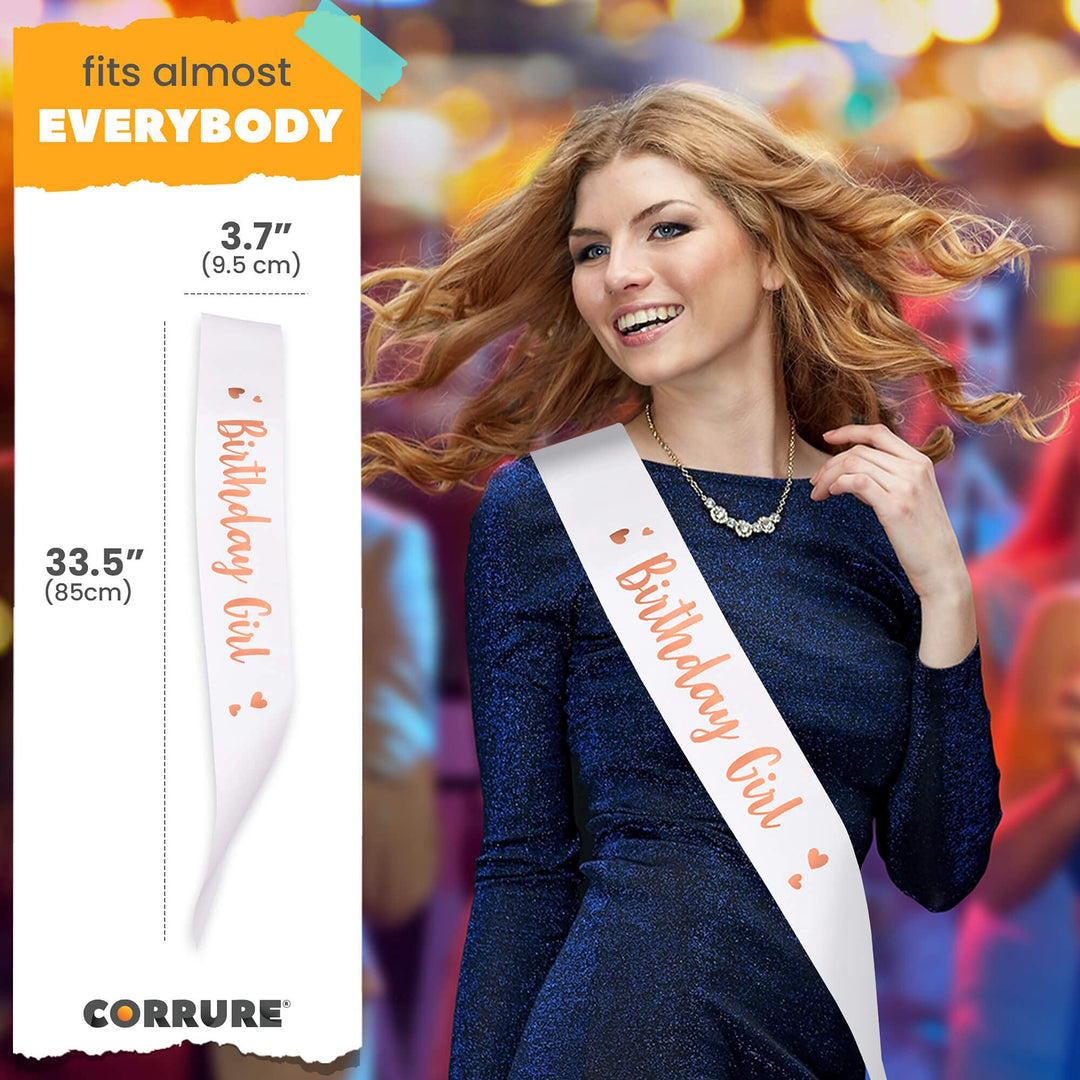 &#39;Birthday Girl&#39; Sash with Rose Gold Foil - Soft Satin White Sash for Women - Happy Birthday Sash for Sweet 16, 18th 21st 25th 30th 40th 50th or Any Other Bday