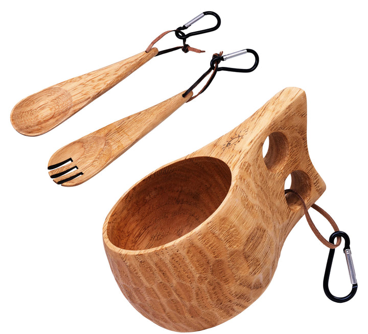 GCS Handmade Kuksa Wood Camp Mug with Fork and Spoon Lightweight &amp; Eco-Friendly Traditional Handcrafted Wooden Cup with Natural Chestnut Bushcraft or Camping Leather Lanyard