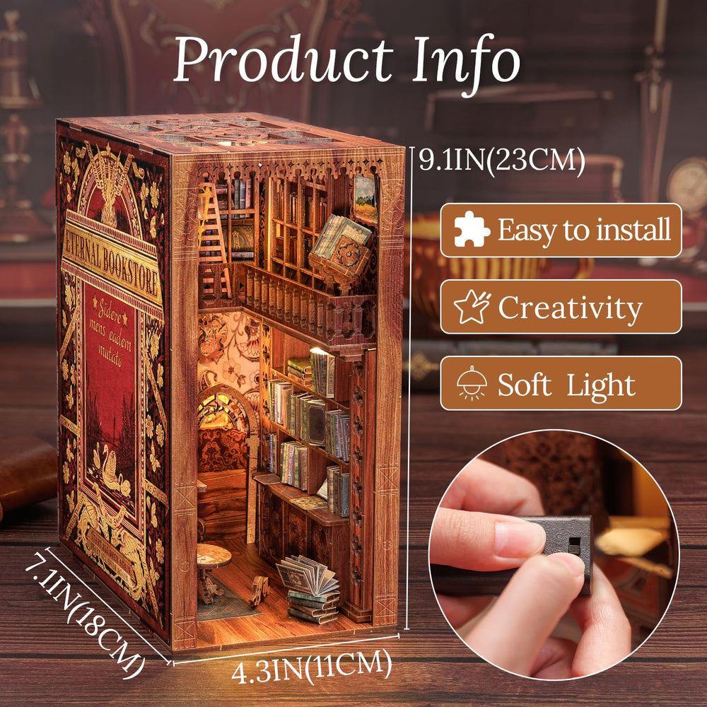 Book Nook Kit - DIY Miniature House Dollhouse Kit for Adult and Teens, Booknook Bookshelf Decor Alley Model Build with LED Light, Gifts for Family and Friends (Eternal Bookstore)