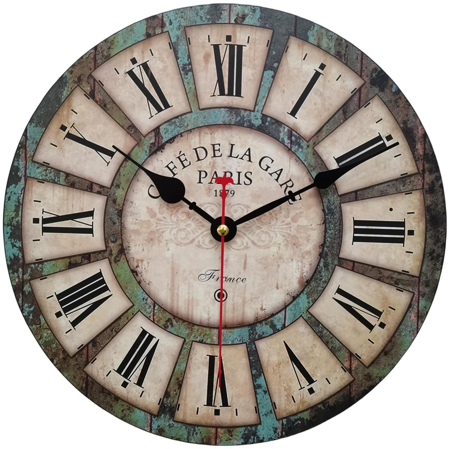 Qukueoy 12 Inch Silent Round Wooden Wall Clock Rustic C