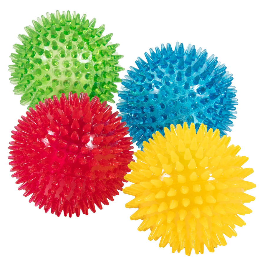 3.5” Spikey Dog Balls (4 Pack) Squeaky Dog Toys | Cleans Teeth for Healthier Gums | Non-Toxic BPA-Free for Aggressive Chewers | Spikey Balls in Red, Blue, Yellow, and Green