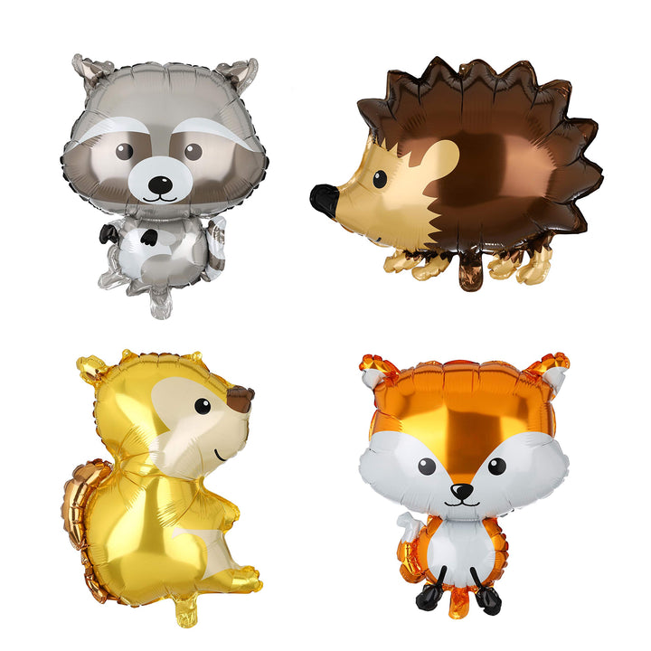 4 Pcs Giant Animal Mylar Balloons ( Squirrel, Fox, Hedgehog,Raccoon) For Jungle Safari Animals Theme Birthday Party Decorations Kids Gift