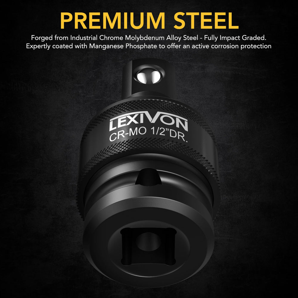 Premium Impact Universal Joint Socket Swivel Set | 3-Piece Ball Spring Design 1/2, 3/8, and 1/4 U-Joint Drive | Cr-Mo Steel - Full Impact Grade (LX-113)