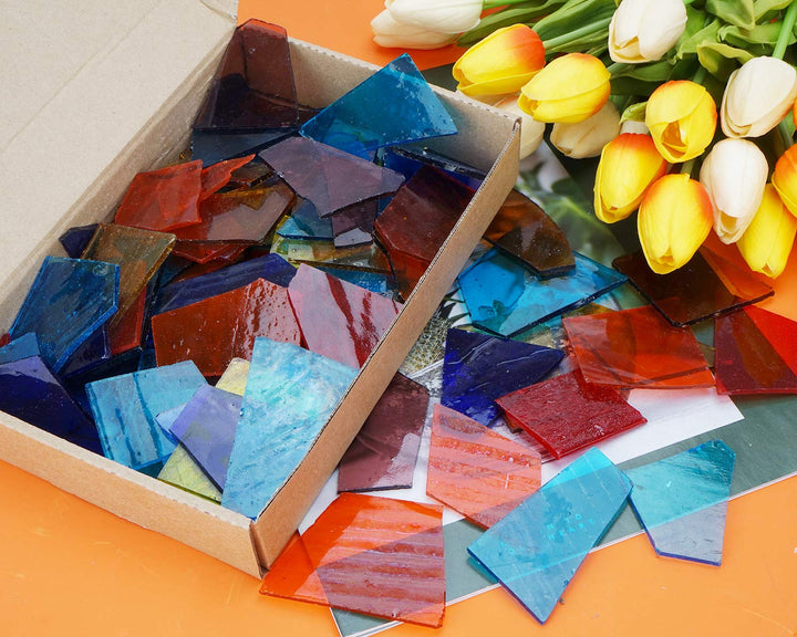 Transparent Textured Stained Glass Pieces Broken Glass Packs Sheets Vibrant Cathedral Glass Mosaic Tiles Supplies for Art Glass Crafts, Irregular Shape and Mixed Colors, 2.2 Pound Value Pack