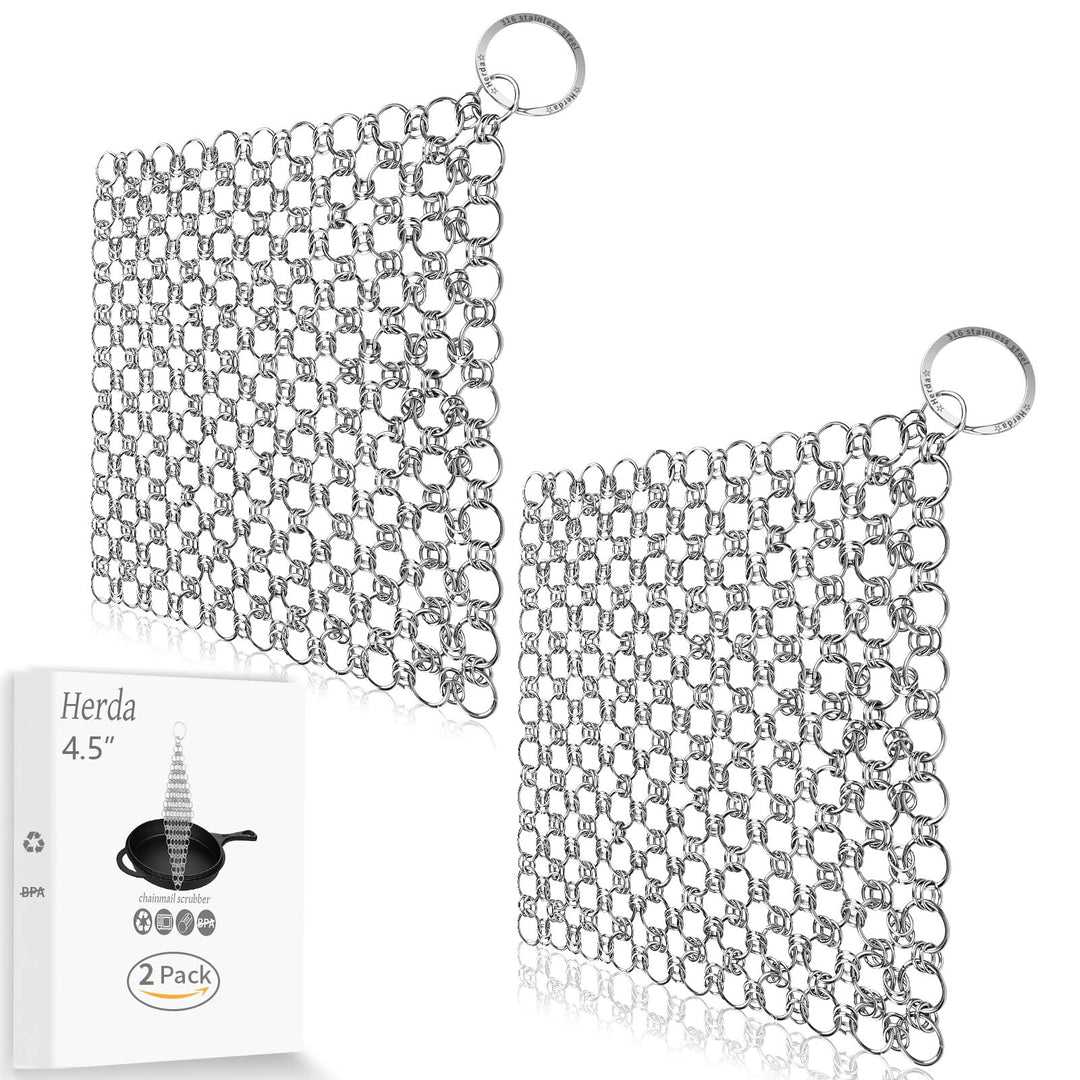 2Pack 4.5inch Stainless Steel Cast Iron Cleaner, Chainmail Scrubber for Pre-Seasoned Pan Pot, Iron Skillet Chain Link Cleaning, Clean Dutch Ovens, Waffle Grills &amp; Griddle Pan Easily, Metal Scrub Tool