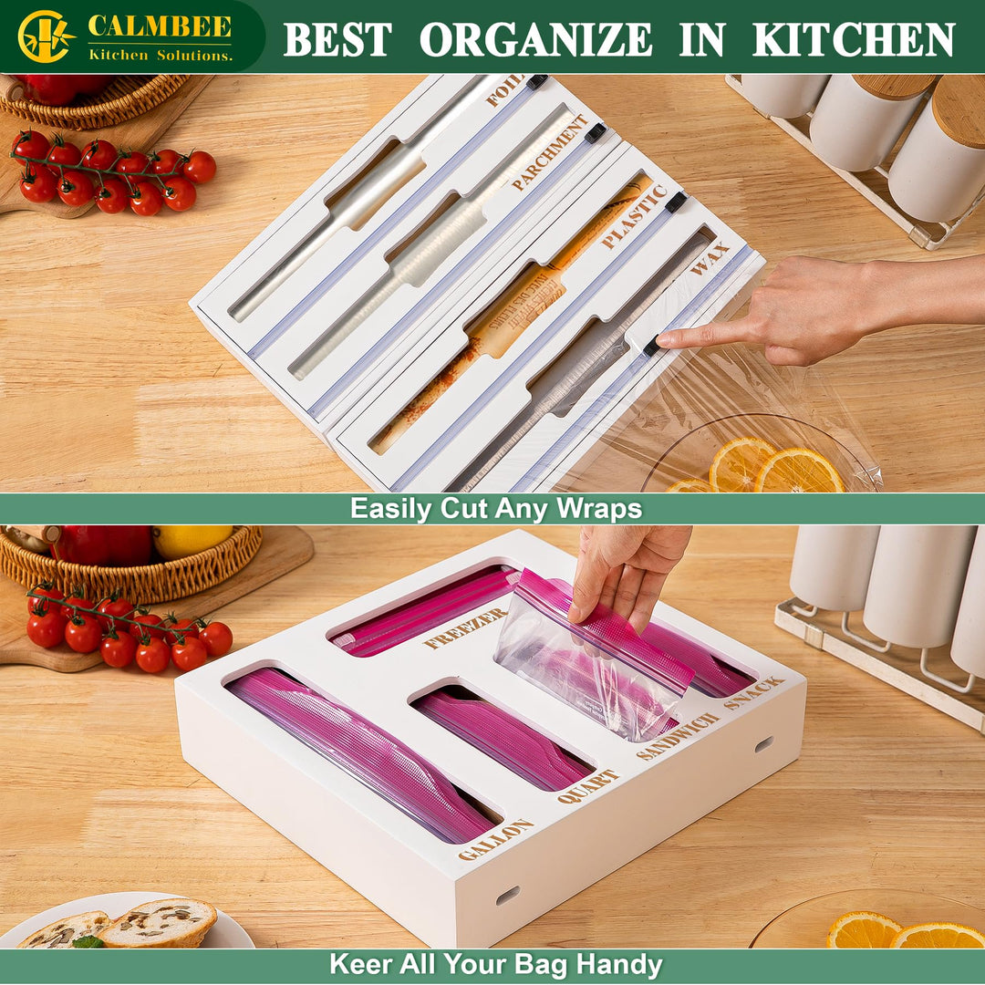 Storage Bag Organizer and Wrap Dispenser with Cutter, 9 in 1 Bamboo Foil and Plastic Wrap Organizer for Kitchen Drawer, Plastic Bag Organizer for Gallon, Quart, Sandwich (White, Large)