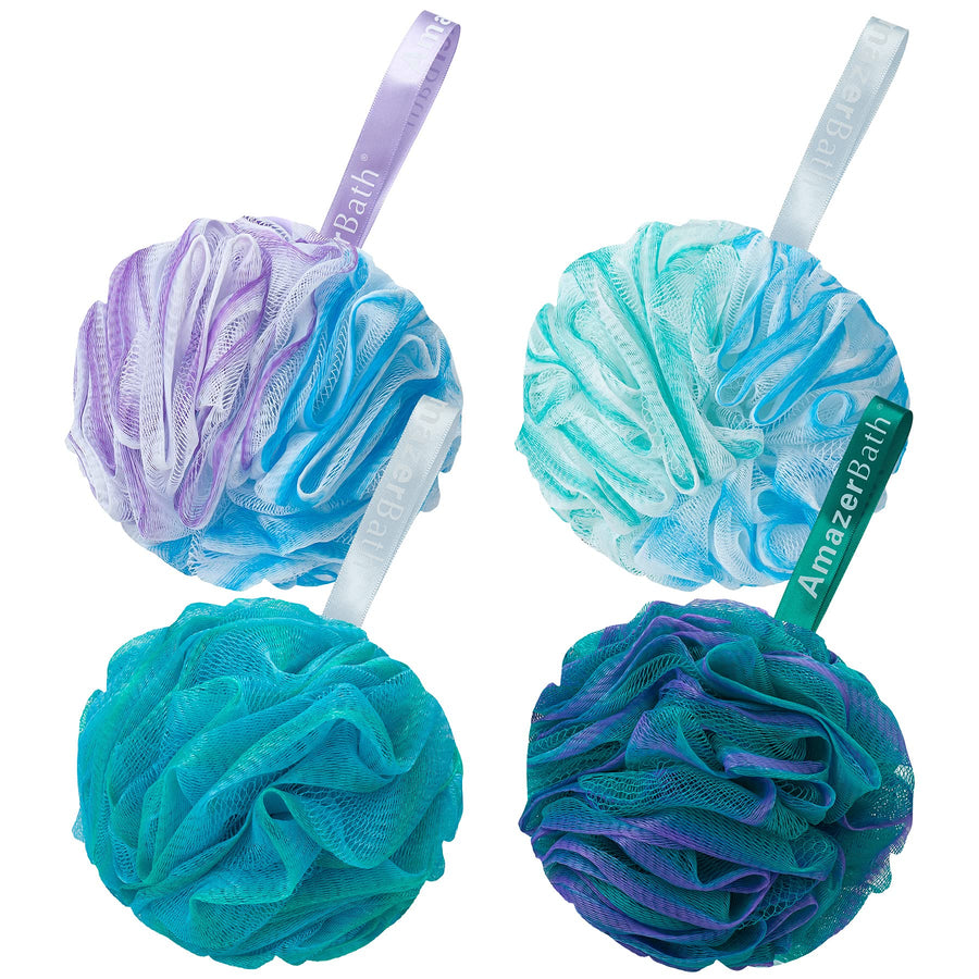 Shower Bath Sponge Shower Loofahs Balls 75g/PCS for Body Wash Bathroom Men Women- Set of 4 Flower Color Pack