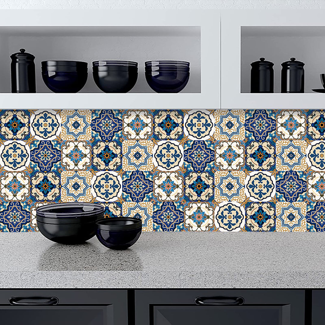 Kakofaci Bohemian Style 12 Pcs (6x6 in) Decorative Tile Stickers,Peel and Stick Wallcovering Self-Adhesive Waterproof Vinyl Tile Stickers for Kitchen Living Room Floor(Blue)