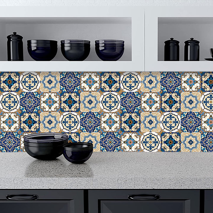 Kakofaci Bohemian Style 12 Pcs (6x6 in) Decorative Tile Stickers,Peel and Stick Wallcovering Self-Adhesive Waterproof Vinyl Tile Stickers for Kitchen Living Room Floor(Blue)