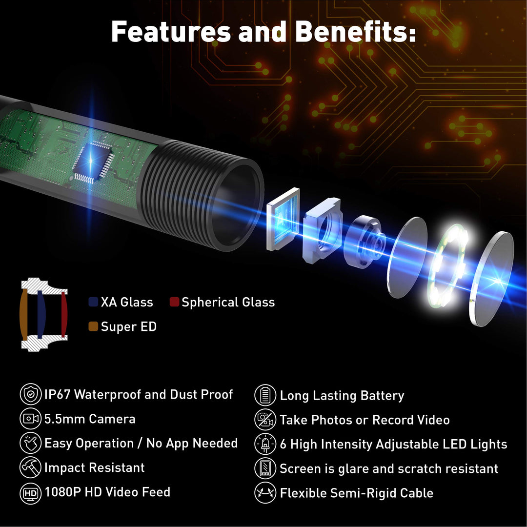 Fiber Optic Camera Snake - 6.5FT 5.5mm 1080p HD USB Snake Inspection Camera with 6 LED Lights - Waterproof IP67 Rated Snake Camera with Light - Great Endoscope Tool for Mechanics
