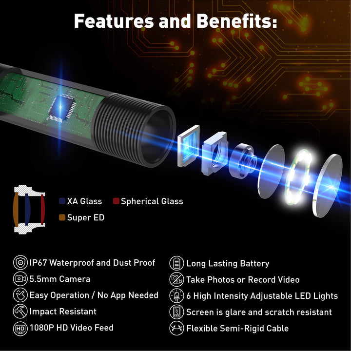 Fiber Optic Camera Snake - 6.5FT 5.5mm 1080p HD USB Snake Inspection Camera with 6 LED Lights - Waterproof IP67 Rated Snake Camera with Light - Great Endoscope Tool for Mechanics