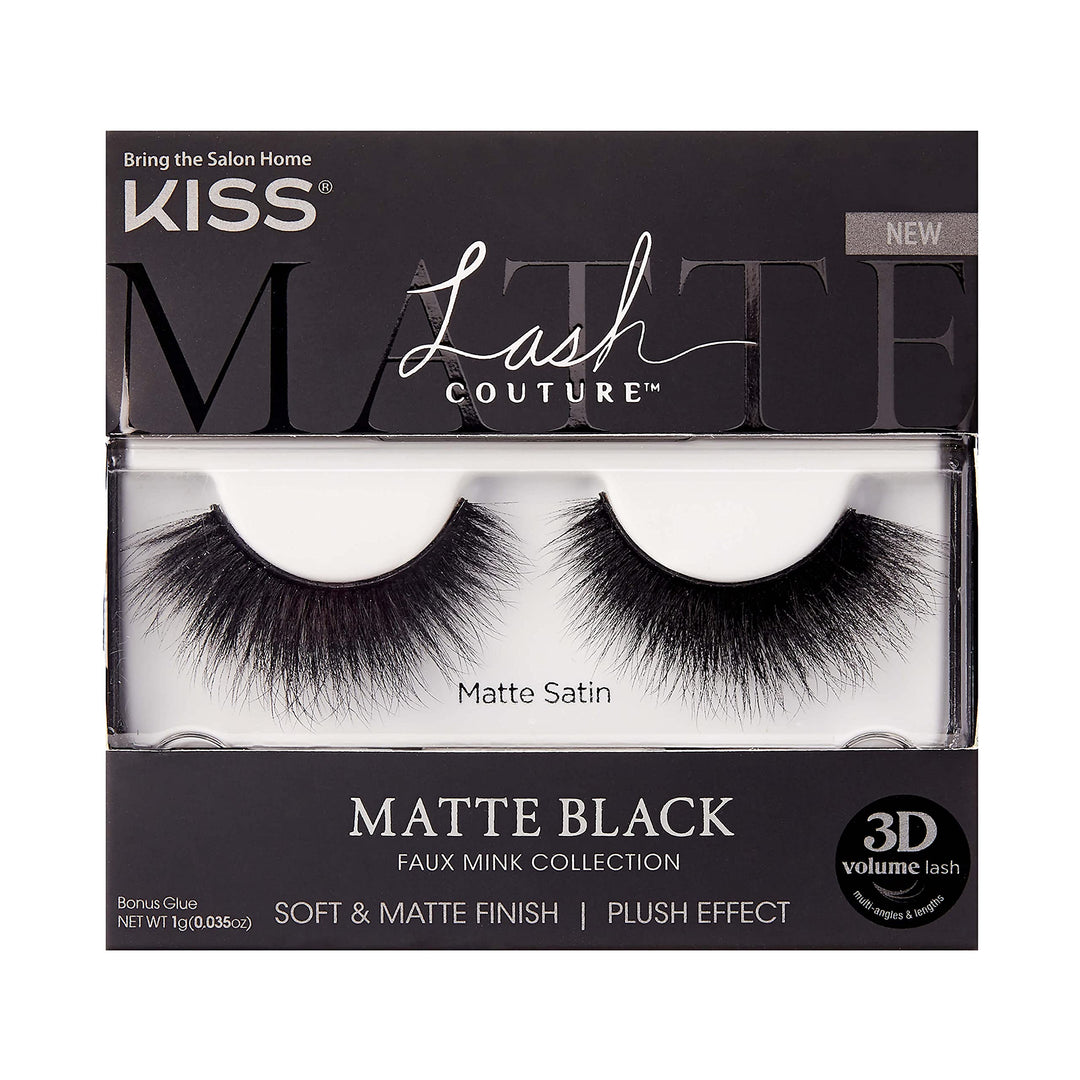Lash Couture Matte Black Faux Mink Collection, False Eyelashes 1-Pack, Soft Real Mink Texture &amp; Matte Finish, High Impact Color, 3D Volume, Knot-Free Lash Band, Reusable, Matte Satin, 1 Pair