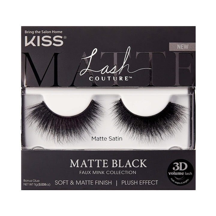 Lash Couture Matte Black Faux Mink Collection, False Eyelashes 1-Pack, Soft Real Mink Texture &amp; Matte Finish, High Impact Color, 3D Volume, Knot-Free Lash Band, Reusable, Matte Satin, 1 Pair