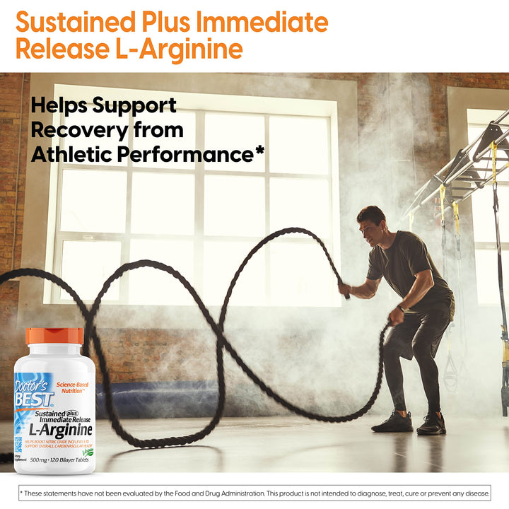 Doctor&#39;s Best Sustained Plus Immediate Release L-Arginine, Non-GMO, Vegan, Gluten &amp; Soy Free, 500 mg, Tablet, 120 Count