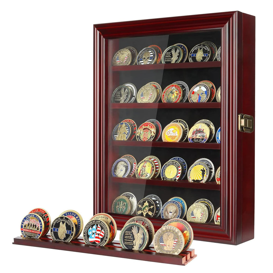 Military Challenge Coin Display Case Holder with HD Toughened Glass and Wall Mount, Wooden Coin Stand Rack with Removable 2 Grooves Shelves, Mahogany Finish…