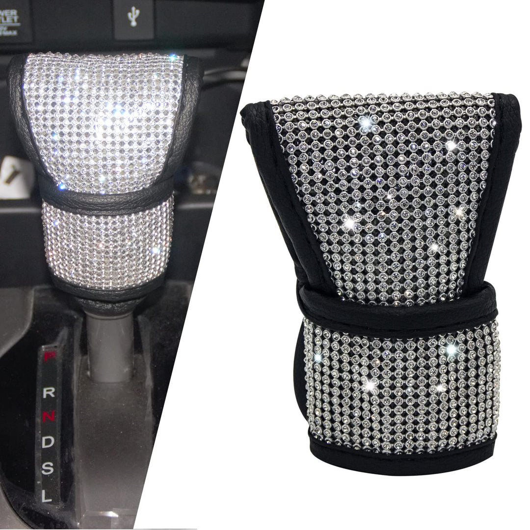 Bling Auto Gear Shift Knob Cover for Women/Lady/Girl - PU Leather Shift Gear Cover with Bling Rhinestones - Car Interior Accessories Universal Fit for SUV Truck (1 Pack Gear Shift Cover)
